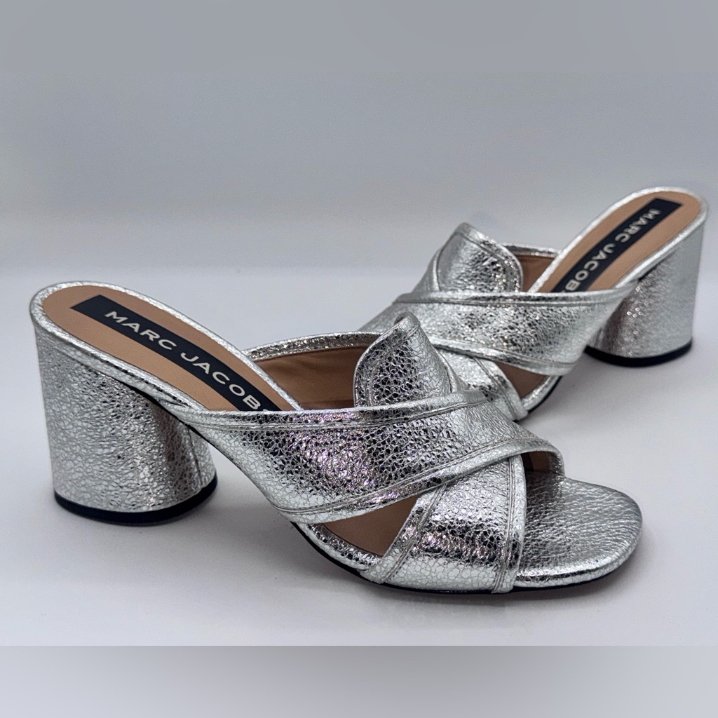 Marc Jacobs New Aurora Metallic Silver Block Heel Slide Mule Sandals 39